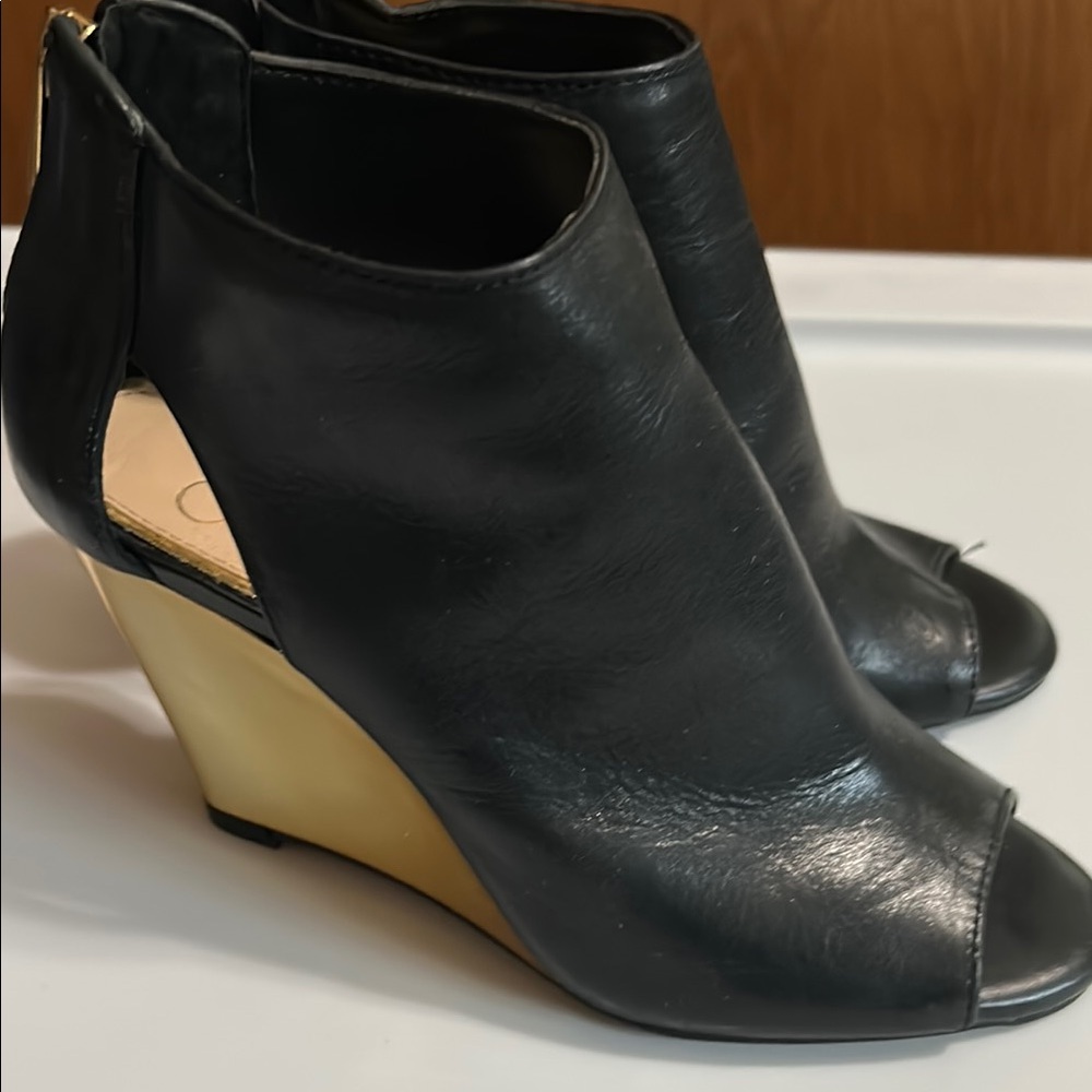 Gold color wedge heel, peep toe sandal